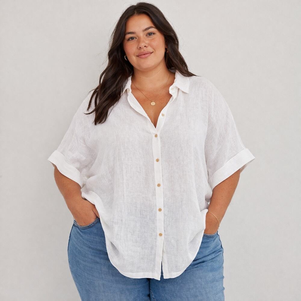 NEW Marina Rinaldi White Basilica Linen Button Up Shirt Plus Size 24 Boxy Beachy